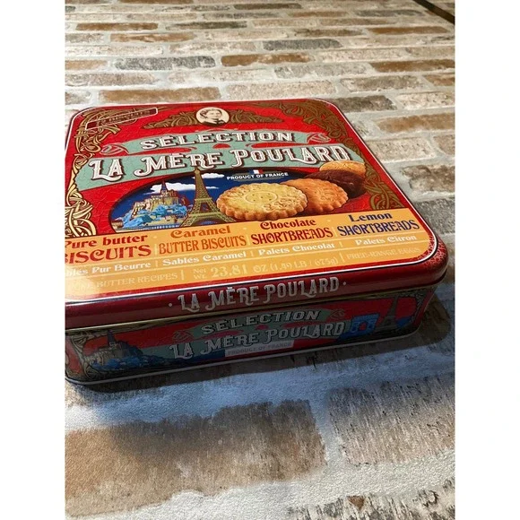 La Mere Poulard French Biscuit Tin Selection 1888 Red Collectible Metal Box 9x9 - Picture 2 of 8